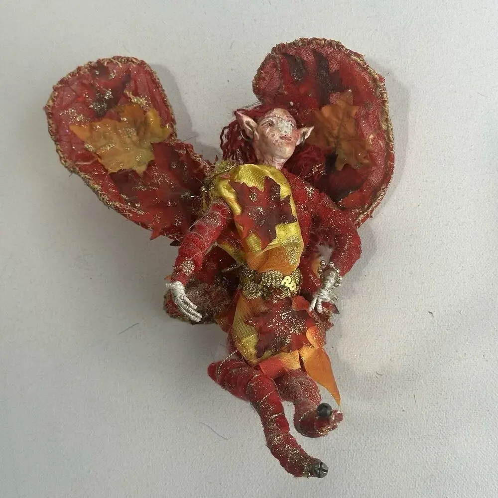 Handmade Fairy Art Doll Red Gold Leaves Wings Whimsical Pixie Fantasy Damaged
